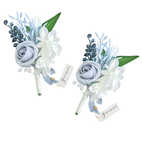 Lookein Set of 2 Dusty Blue Wedding Boutonniere for Men Artificial Flowers Wedding Groom Groomsmen Boutonniere for Wedding Ceremony Anniversary Formal Dinner Party