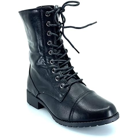 ABSOLEX Womens Lace up Round Toe Low Heel Combat Boots, Black, 6 Cover