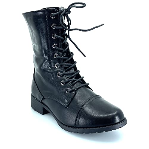 ABSOLEX Womens Lace up Round Toe Low Heel Combat Boots