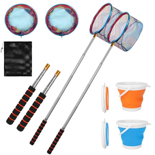 Kids Fishing Net, 2 Pack Thickened Telescopic Fishing Landing Net with Aluminum Pole Handle for Kids, Collapsible Bucket Kids Sand Pail, Fishing Net Butterfly Nets for Kids, Outdoor Playing, Blue