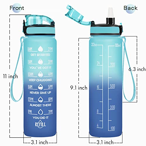 Image of Enerbone 32 OZ Water Bottle, Leakproof BPA & Toxic Free, Motivational Water Bottle with Times to Drink and Straw, Fitness Sports Water Bottle with Strap for Office, Gym, Outdoor Sports, Green-Blue