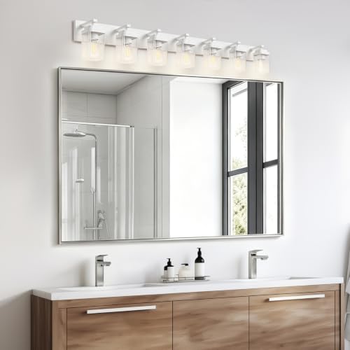 Image of White Bathroom Light Fixtures, 7 Lights Bathroom Lighting Fixtures Over Mirror, Square Design & Rectangle Large Backplate, Modern Vanity Lighting Fixtures, for Bathroom /Living Room /Bedroom