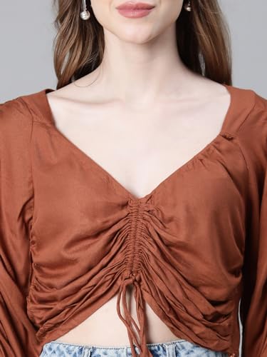 Image of oxolloxo Women Floral Print Semi-Sheer Round Neck Tie-Knotted Elasticated Long Crop Sleeve Top