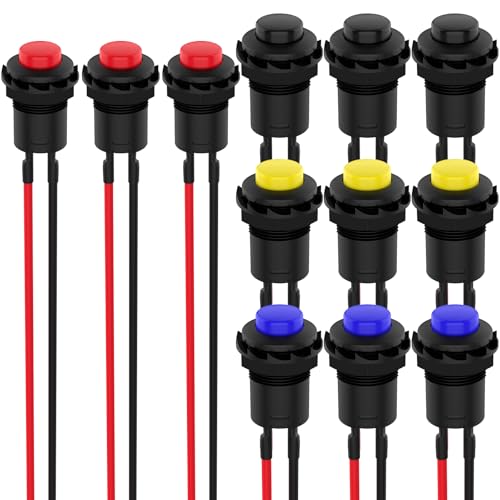 BaYiToo 12 Pcs 12mm Latching Push Button Switch, SPST ON/Off AC 250V/1.5A 125V/3A Self-Locking Mini Switch with Pre-soldered Wire (4 Colors)
