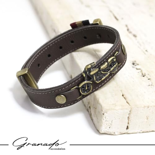 GRANADO ACESSÓRIOS, Pulseira de Couro Marrom Harley Moto Bracelete Masculino - AM