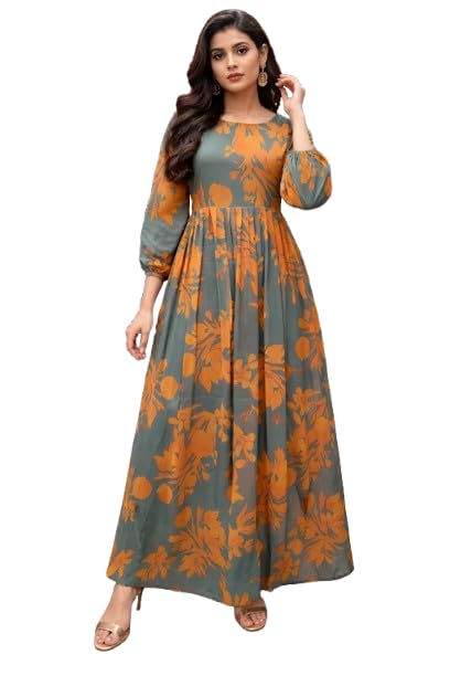 Mehndi Orange Georgette Fabric with Crepe Lining for no Transparency Umbrella Pattern Floral Print Bishop Sleeves with Elastic Cuffs Gown-image-37