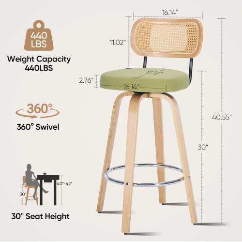 Image of Rattan Bar Stools Set of 2,Upholstered PU Leather, 30''Counter Height Barstools with Back and Wood Legs,360Swivel,Mid-Century Modern Bar Stool for Kitchen Island Dining Room and Bar(Grass Green)