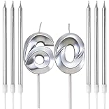 Geburtstagskerzen, Zahlenkerze für Kuchen Geburtstagskerze, Zahl 3D entworfen Hochzeitstag Party Kuchen Dekorationen, 6 Stück lange dünne Geburtstagskerzen, geruchlos, Silber (Silber, 60)