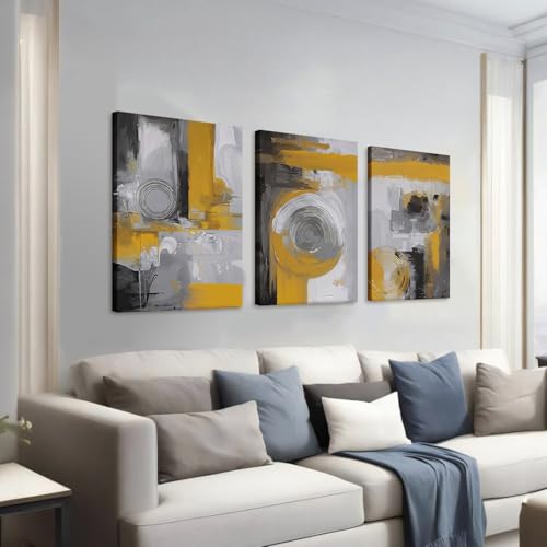 AUUAUU 3 Pcs Abstract Geometric Canvas Wall Art Yellow and Grey 12x16 Inch by AUUAUU - Used condition - Image 3