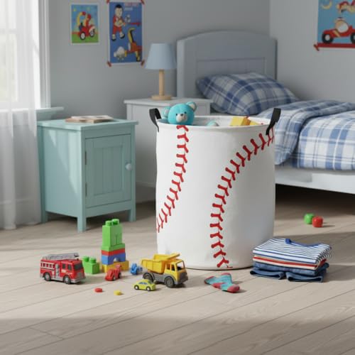 Image of Baby Laundry Basket Baby Nursery Hamper Kids Laundry Basket Toy Storage Bin for Boys Room Decor Gift Baskets for Bedroom Bathroom(Baseball)