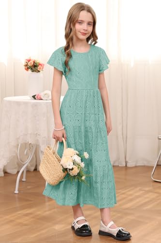 HOSIKA Girls Boho Lace Embroidered Ruffle Swing Holiday Party Long Summer Dress for 6-7Years Sage — view 4