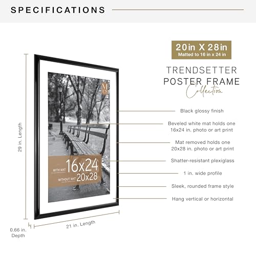 Image of MCS Trendsetter Poster Frame With Mat Option, 20x28 Matted to 16x24, Black | Trendsetter Poster Frame For Photos, 20x28 Inch, Displays 16x24 Inch Matted Or 20x28 Unmatted, Black, 1-Pack