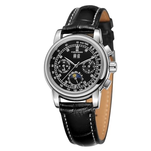 Image of FORSINING Women Waterproof Automatic Business Watch Lady Calendar Self Winding Stainless Steel Moon Phase Wrist Watch Black Colour