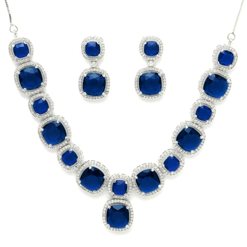 Image of Karatcart Elegant Silver Plated Blue American Diamond Necklace Set for Women