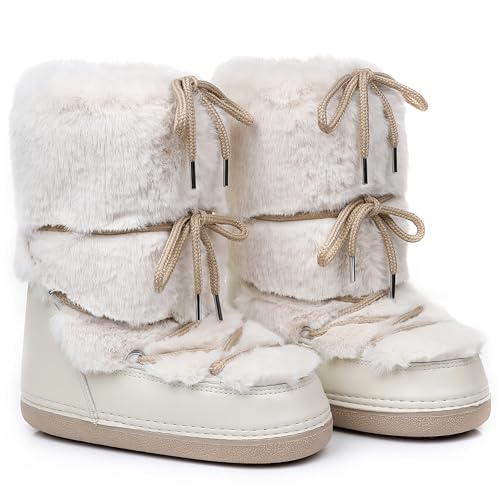 Faux Fur Snow Boots for Women,Furry Fuzzy Fluffy Womens Boots Lace-up Winter Warm Fur Lined Mid-Calf Non-Slip Ski Boots (beige, Adult, Women, 8, Numeric Range, US Footwear Size System, 9, Medium)