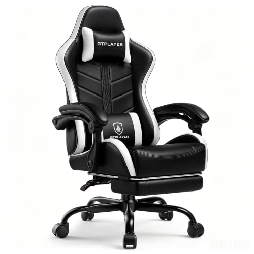GTPLAYER Gaming Chair for Adults Ergonomic Computer Gaming Chair with Footrest Height Adjustable 90-155 Recline & Removable Headrest Lumbar Support Snow White