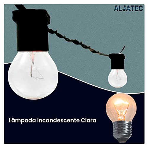 Varal Luzes Aljatec 50 metros Lampada Clara 15w Area Externa Gambiarra Casamento Fio de Luz Cordão E