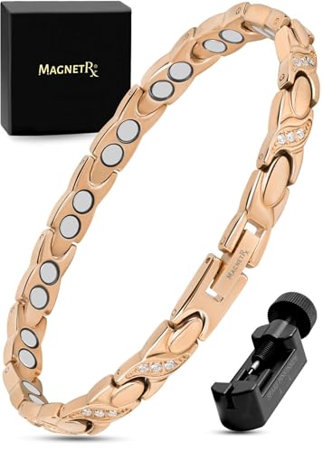 MagnetRX® Ultra Strength Magnetic Bracelets for Women – Double Magnet Stainless Steel Crystal Bracelet for Women – Adjustable Bracelet Length with Sizing Tool (Rose Gold)