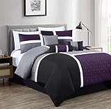 Chezmoi Collection Upland 7-Piece Quilted Patchwork Comforter Set, Purple/Black/Gray, Queen