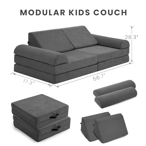 jela Kids Play Couch, Safety Certified Toddler Modular Foam Couch,Convertible Playroom Furniture,Soft Building Fort Set Indoor 57x28x18 Inch (Corduroy, Darkgrey) by jela - Used condition - Image 2