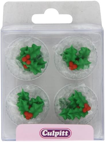 Culpitt Sugar Cake Decorations Holly and Berries (Pack of 2, Total 24 Decorations)