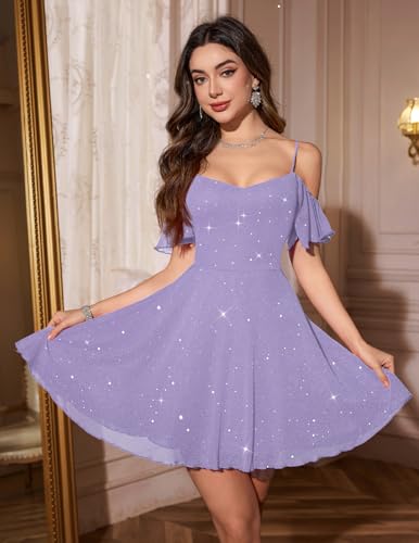 Image of Meetjen Women's Short Cocktail Dresses for Teens Formal Homecoming Sparkly Off Shoulder Tulle Sequin Prom Party Dress