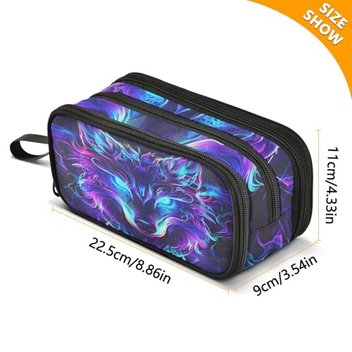 Image of Mystical Wolf Face Pencil Case Box Boys Girls Large Pencil Pouch Zipper Compartments Big Capacity Stationery Pen Bag Organizer for Kids Teens Adults School Office