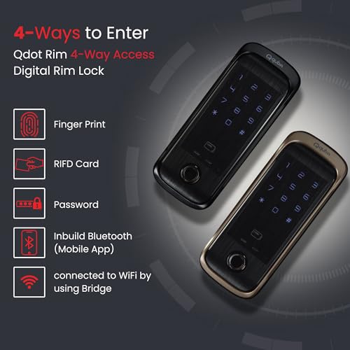 Image of Quba QDOT Digital Rim Lock | 4-Way Access Smart Security | Copper Gold | Bluetooth RFID & Fingerprint with OTP & Dual Authentication | 2 Keys & 100 Users | Free Installation | 2 Year Warranty