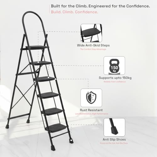 Image of Wakefit Premium 6 Step Foldable Ladder | Wide Anti-Skid Steps | Strong Alloy Steel with X-Support for More Stability | Supports Up to 150 kg |Rust Resistant| Heavy Duty Portable Ladder | Ascenta Black