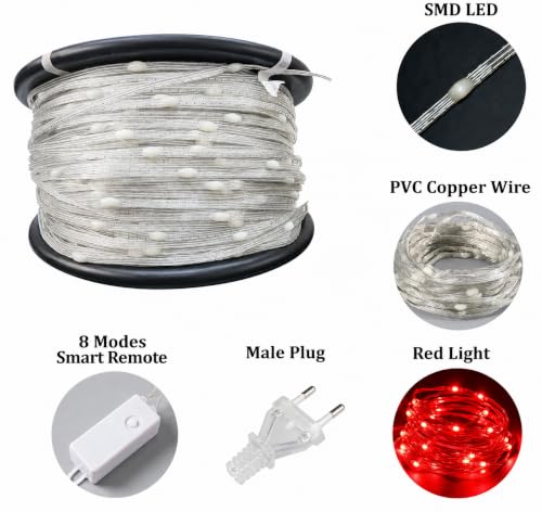 Image of fizzytech Rice Fairy String Lights, 20 Meter Copper Wire Point Control Lights with 8 Flash Modes for Diwali, Christmas, Wedding, Window, Garden & Home Decoration - Red, 200 LED