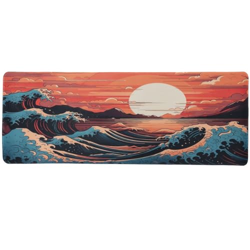 lachineuse Tapis DE Souris XXL - Vague de Kanagawa & Soleil Couchant - Ambiance Japonaise - 800 X 300 X 3 mm - Antidérapant et Résistant à l'eau - Déco Bureau - Idée Cadeau Japon Asie