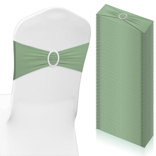 Tegeme 80 Pieces Chair Sashes & Bows - Stretch Spandex Chair Cover Band with Buckle for Wedding, Hotel Banquet, Birthday Party & Home Bulk Decorations(Sage Green)