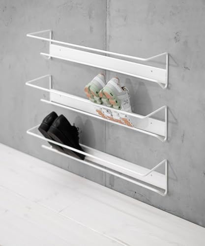Image of Wall Mounted Shoe Rack | Metal Shoe Organizer | Vertical Entryway Storage | Minimalist Floating Shoe Shelf for Narrow Hallways, Closets & Doors (White)