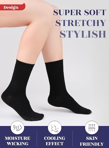 Hugh Ugoli Womens Rayon derived from Bamboo Dress Socks, Crew Soft Thin Calf Socks for Business, Trouser & Casual, Black, 3 Pairs, Shoe Size: 6-9