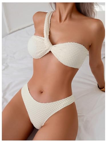 MakeMeChic Women's 3 Piece One Shoulder Textured High Cut Bikini Set with Tie Side Cover Ups2