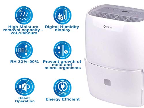 Image of Koryo Dehumidifier 25L /day Moisture Removal 400 Watts 3-in-1 Dehumidifier, Air Purifier and Clothes Dryer (KDE25SI, White)