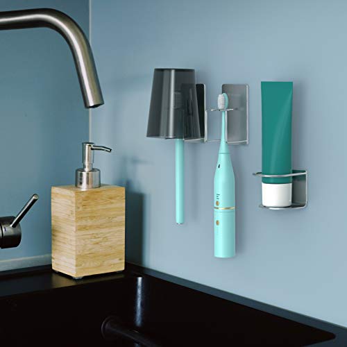 Rich&Ray 3 Pack Toothbrush Holder, For Electric Toothbrush Head, Toothpaste, Cup Stainless Steel Wall Mounted Self-Adhesive Toothbrush Holder (Sliver 1*Toothpaste Holder 2*Toothbrush Holders) #TOP1