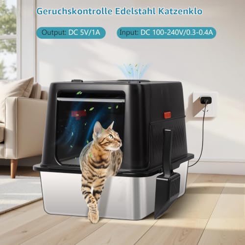 Bartuke Edelstahl-Wurfkiste,XXL Geschlossenes Katzenklo mit Schaufel für Großkatzen, Nicht klebend, auslaufsicher, leicht zu reinigen (Schwarz)