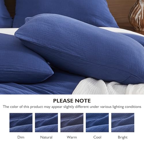 Image of EMME Muslin Cotton Duvet Cover Set Navy Twin Size Linen Like Soft Breathable Lightweight Summer Comforter Cover Set with Zipper Closure (Navy, Twin, 68 inchx90 inch)