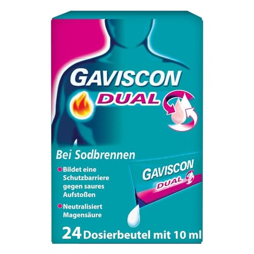 GAVISCON Dual 500 mg / 213 mg / 325 mg Suspension – Bei Sodbrennen und Magendruck – Wirkt bis zu 4 Stunden – 24 x 10 ml Dosierbeutel