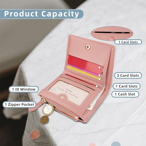 Small Wallets Woman, Faux Leather Womens Wallet with 5 Card Slots and Zipper Coin Pocket, Bifold Wallets with Photo Compartment (Pink)4