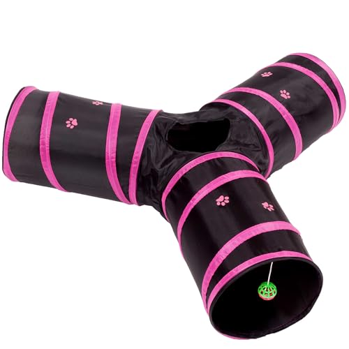 Cat Tunnel - Collapsible 3 Way Play Toy - Interactive Tube Toys for Rabbits, Kittens, and Dogs - Black/Pink