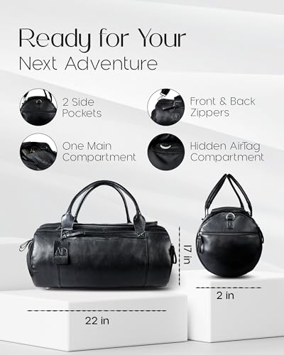 Mens Leather Travel Duffel Bag with Shoe Compartment, Secret Air Tag Holder, Removable Strap - Mens Travel Bag, Gym, Overnight Bag, Leather Duffle Bags for Men Designed in LA2
