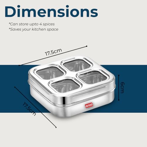 Image of AVIAS 4 Square Stainless Steel Masala Box for Kitchen, Spice Box with See-Through Lid, 4 Containers Masala Dani /Dabba, Dry Fruit Organiser, Food Grade Rust-Free Steel, Design 17.5cm, Silver