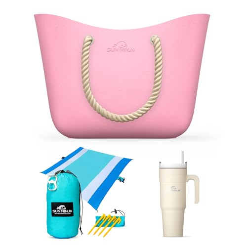 SUN NINJA Rubber Beach Bag Bundle with Sand-Free Beach Blanket and 40oz Insulated Tumbler, Waterproof, Sandproof, Easy to Clean, Spacious XL Bag for Beach Day Essentials
