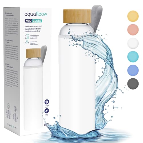 Aquafloow Flacons d'eau Transparents, Brosilicate Étui en Néoprène 700 ml, Bouteille d'eau en Verre avec Couvercle en Bambou, Sans BPA | Idéale pour Le Bureau, L'école, La Maison – Blanc