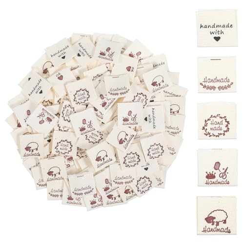 100Pcs Handmade Label Zum Annähen Etiketten Kleideretiketten Personalisierte Nähetiketten Handgefertigte Label Handmade für Textiletiketten Nähen DIY Deko Nähen Kunsthandwerk Stricken
