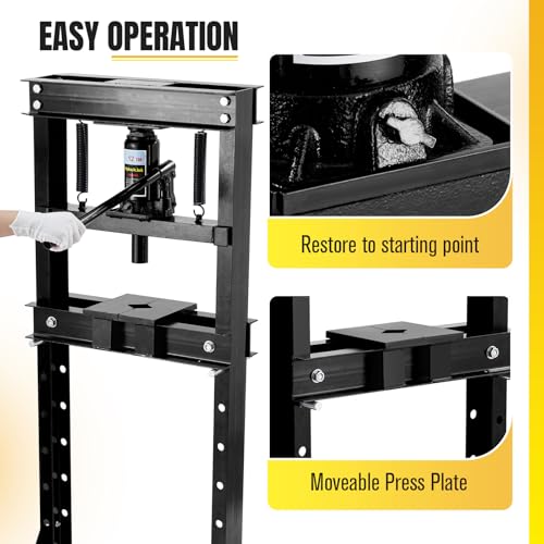 Image of Garvee Hydraulic Press 12 T, Hydraulic Shop Press, H Frame Benchtop Hydraulic Press with 2 Press Plates, Garage Floor Shop Press, Adjustable Work Table Height, Heavy Duty Press, Black