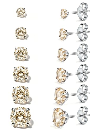 GOGOEY 316L Surgical Steel Stud Earrings 6 Pairs - Hypoallergenic Waterproof Cubic Zirconia CZ Earrings Set for Women Men, Premium Silver Tone Stainless Steel (Champagne CZ)