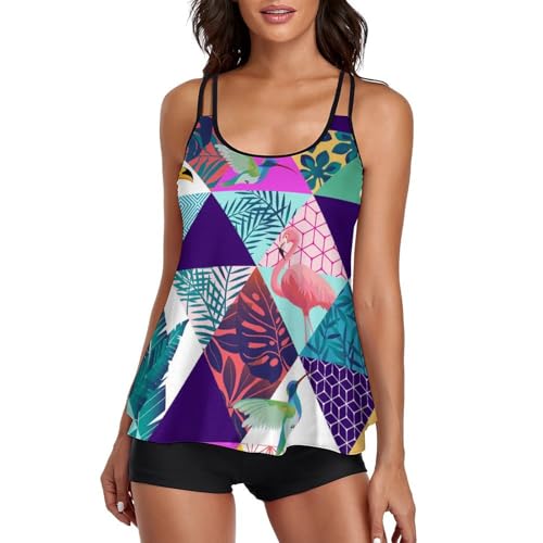 Bikini avec short de garçon et tankini femme motif oiseaux flamants pour la piscine